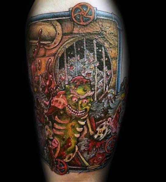 Highly detailed Pickle Rick tattoo in a brutal sewer battle scene, featuring intense shading, gore, and a dark, chaotic atmosphere.