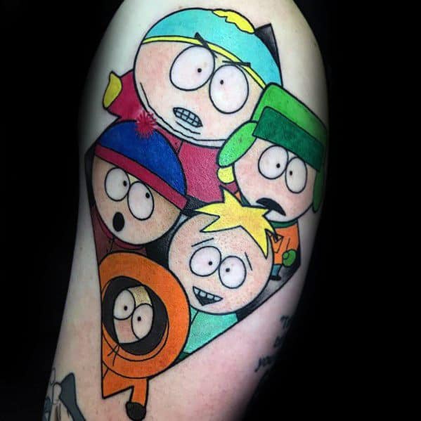 Colorful South Park tattoo featuring Cartman, Stan, Kyle, Butters, and Kenny in a dynamic stacked design with bold outlines and shading.
