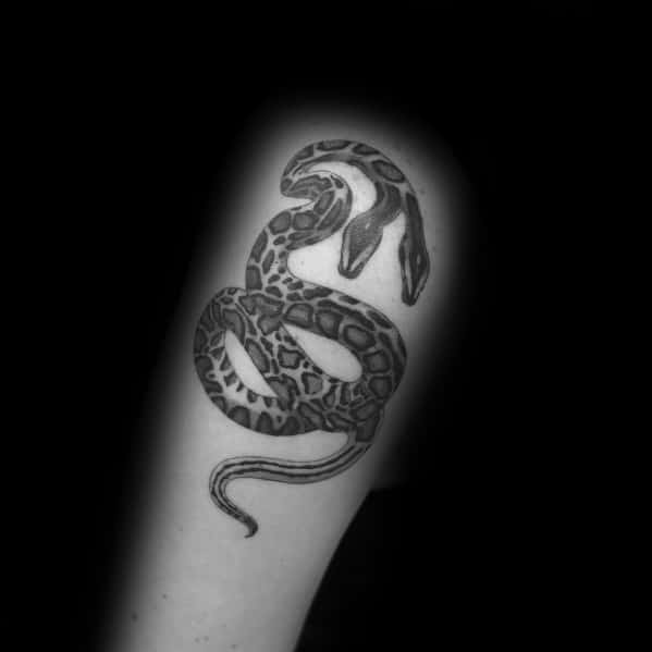 Black and grey two-headed snake tattoo on the upper arm, featuring bold patterns and detailed shading for a striking and unique design.
