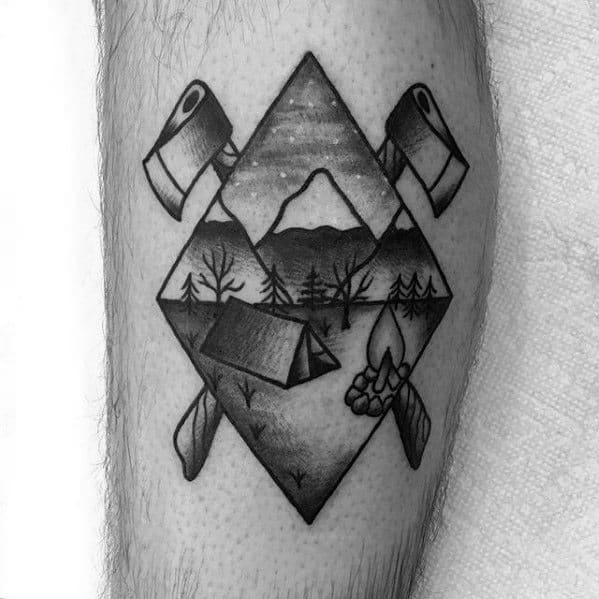 Mens Tent Axe Side Of Leg Traditional Tattoo Design Ideas