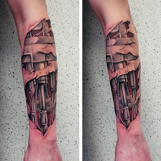 Mens Terminator Cyborg Arm Tattoos With Ripped Skin Design