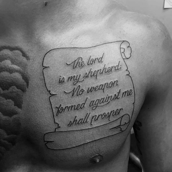 Mens The Lord Is My Shepherd Scroll Upper Chest Black Ink Outline Tattoo
