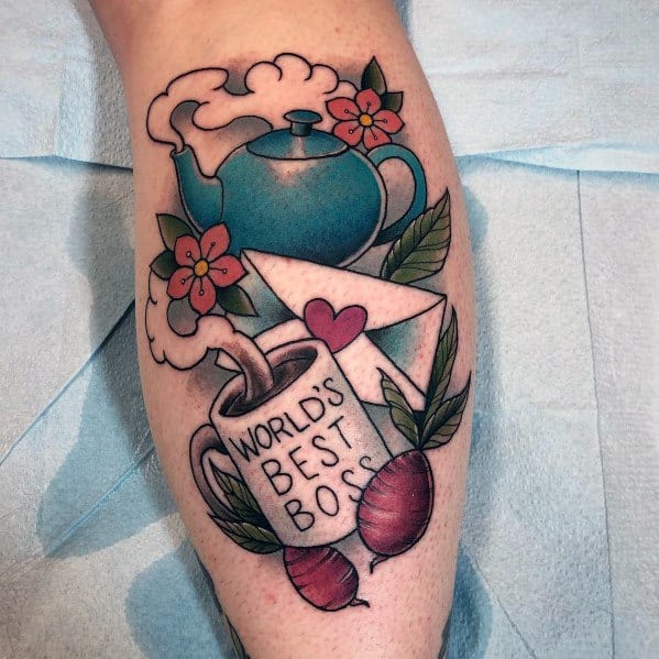 Color tattoo featuring multiple *The Office* references, including Michael Scott’s "World’s Best Boss" mug, Pam’s teapot and letter to Jim, and Dwight’s beets.