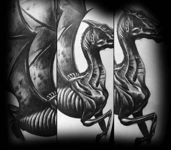 Thestral tattoo with high-contrast black and grey shading, showing detailed ribcage, wings, and powerful stance across the arm.