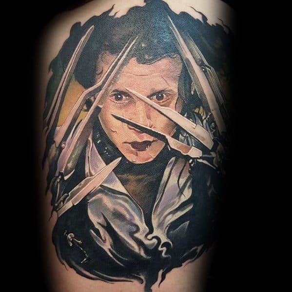 Mens Thigh 3d Portrait Edward Scissorhands Tattoo Design Inspiration