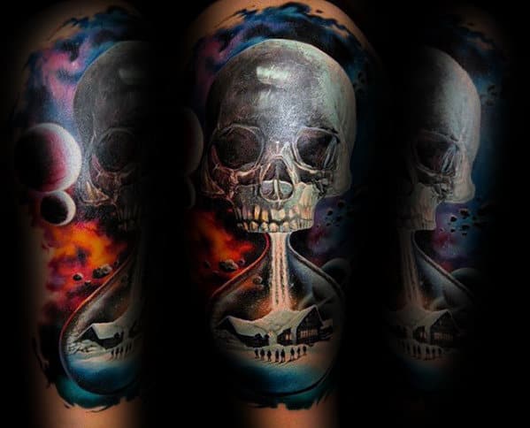 Mens Thigh 3d Skull Hourglass Tattoo With Colorful Design