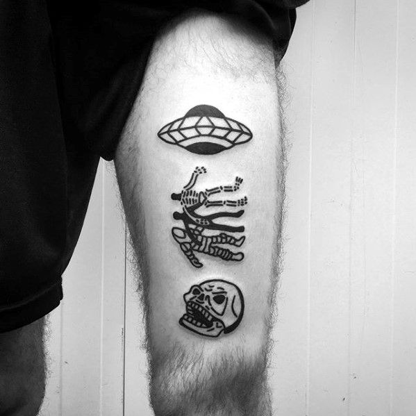 Mens Thigh Abduction Alien Space Ship With Skull Simple Tattoo