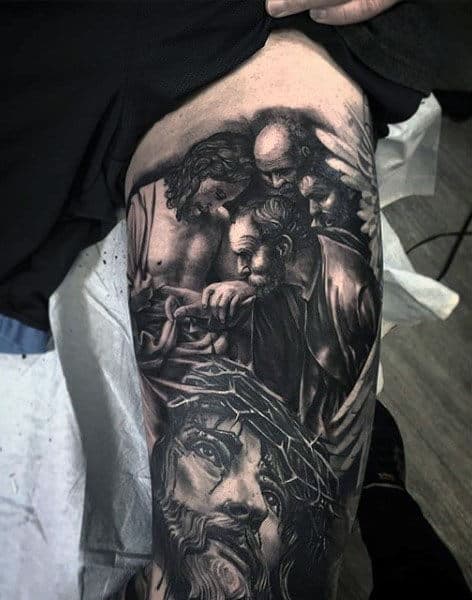Mens Thigh And Leg Jesus Sleeve Tattoo Ideas