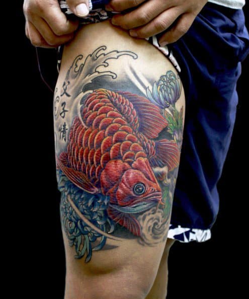 Mens Thigh Arowana Tattoo Design Inspiration