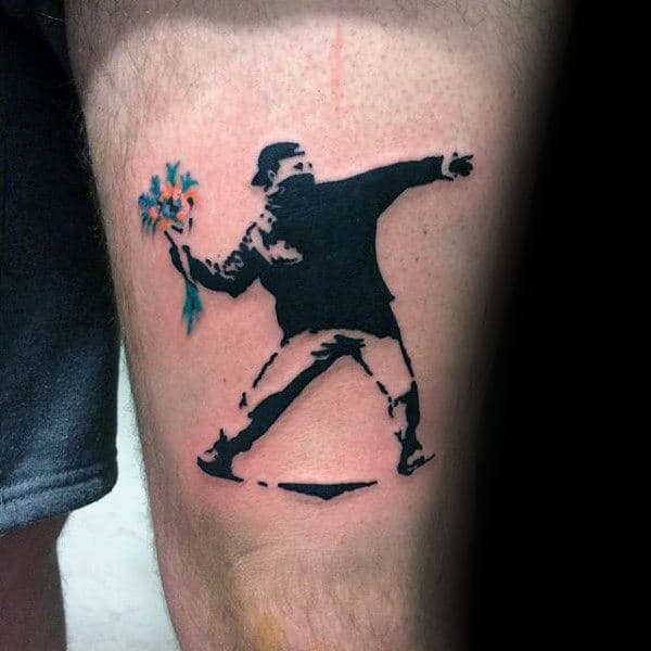 Mens Thigh Banksy Tattoo