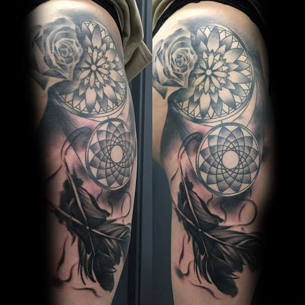 Mens Thigh Dreamcatcher Leg Tattoo With Rose
