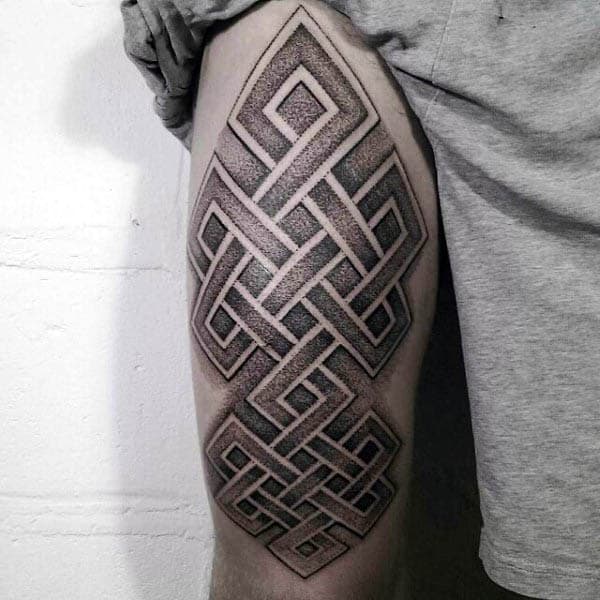 Mens Thigh Endless Knot Tattoo With Dotwork Design