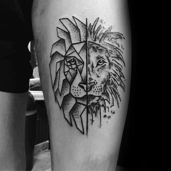 Mens Thigh Geometric Lion Tattoo Design Inspiration