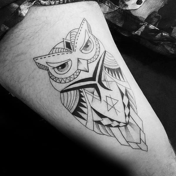 Mens Thigh Geometric Owl Tattoos