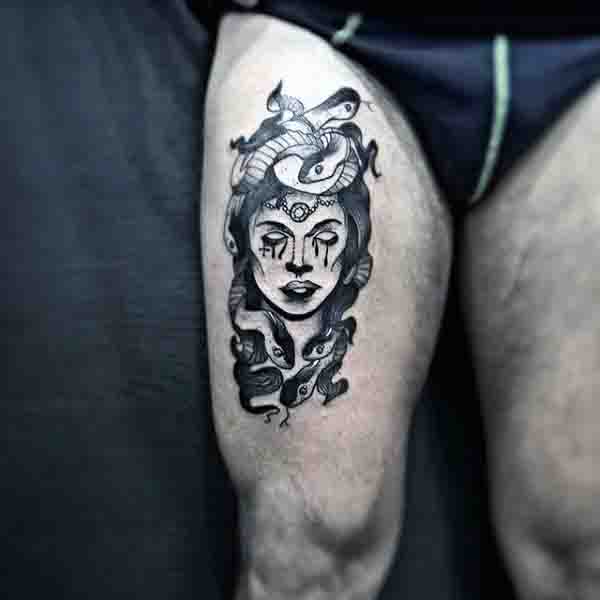 Mens Thigh Old School Medusa Tattoo Design Ideas