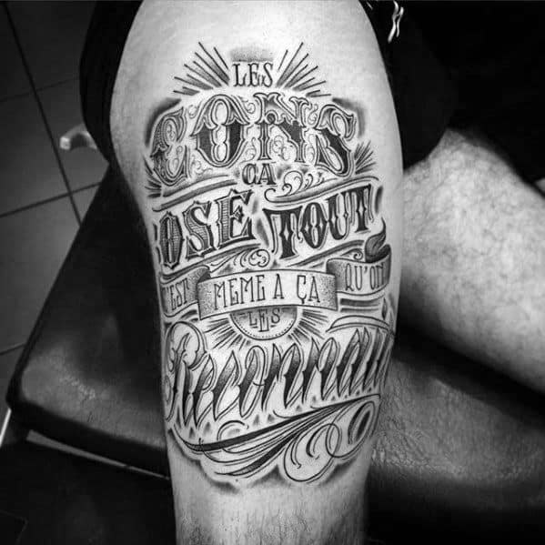Mens Thigh Script Banner Typography Tattoo Ideas
