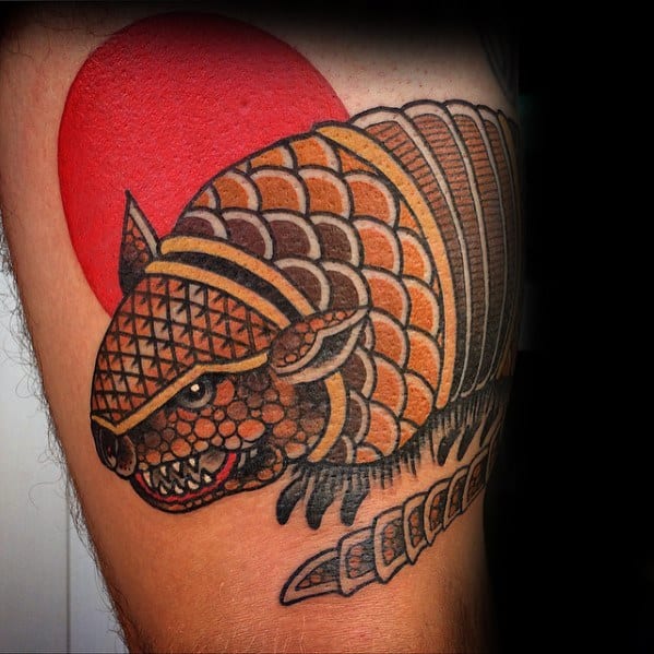 Mens Thigh Tattoo Armadillo Red Sun Design