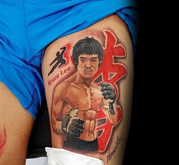 Mens Thigh Tattoo Bruce Lee Design