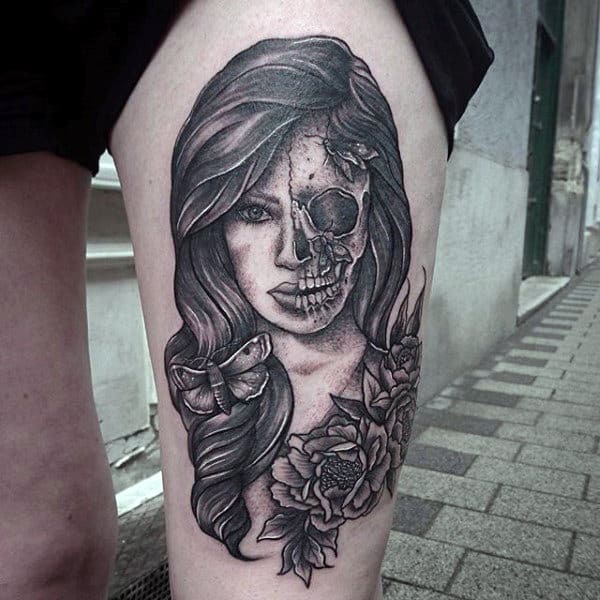 Mens Thigh Tattoo Of Female Portrait And Moth