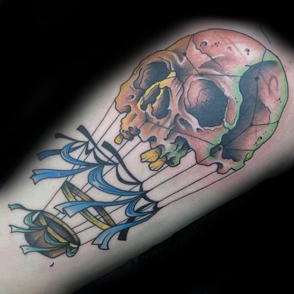 Mens Thigh Tattoo Of Hot Air Balloon With Skull