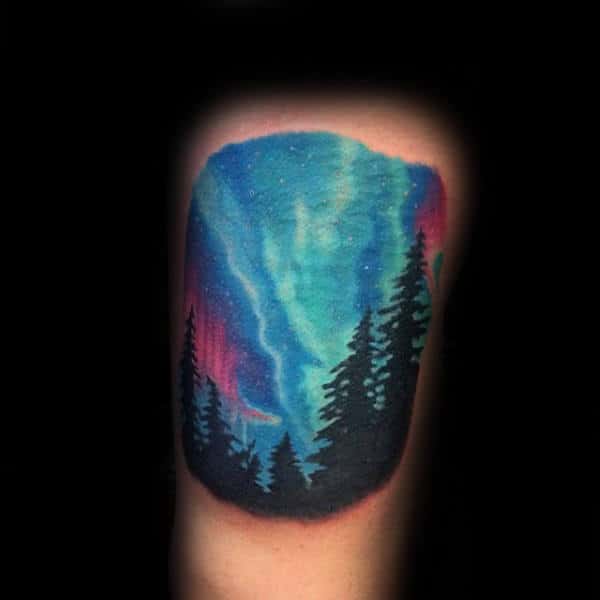 Mens Thigh Tattoo Of Northern Lights