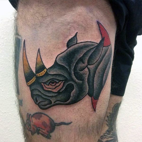 Mens Thigh Tattoo Of Old School Rhino