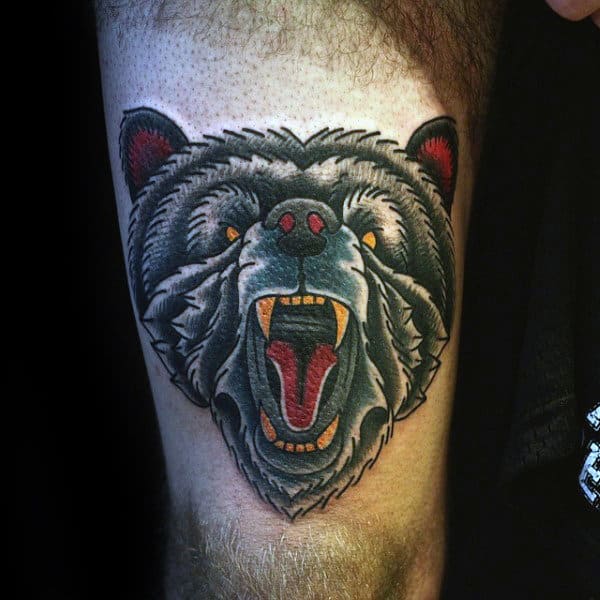 Mens Thigh Traditional Bear Tattoo Designs