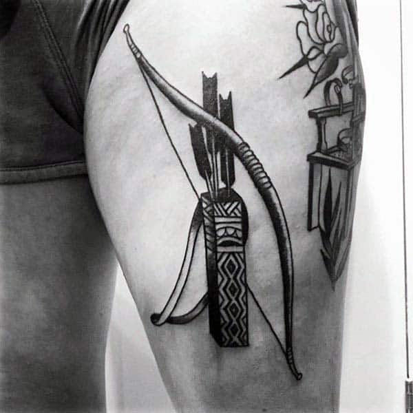 Mens Thigh Upper Leg Bow And Arrows Archery Tattoos