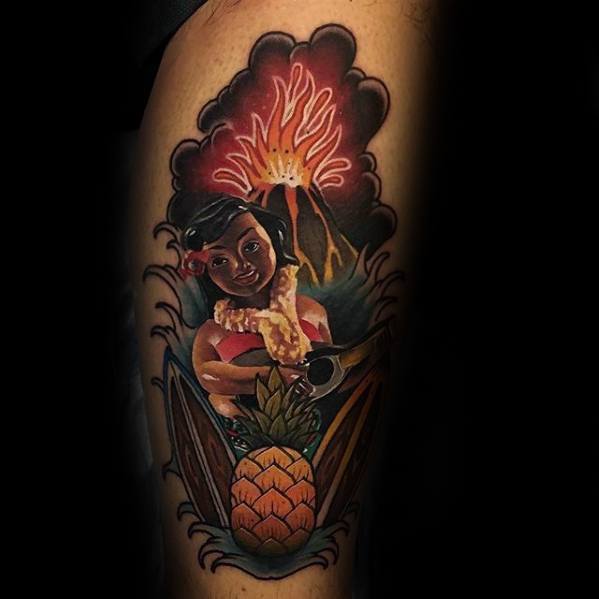 Mens Thigh Volcano Tropical Pineapple Tattoo Ideas