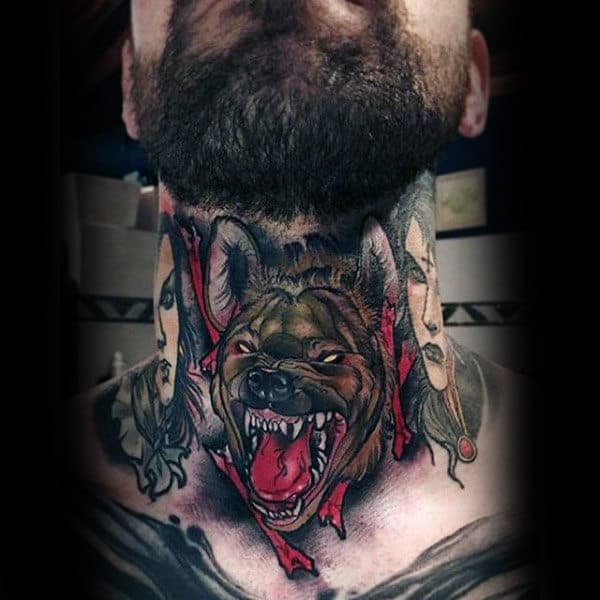 Throat tattoo featuring a fierce snarling hyena with bold shading, red torn flesh details, and striking portraits on either side