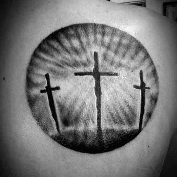 Mens Three Crosses Simple Christian Circle Shoulder Tattoo