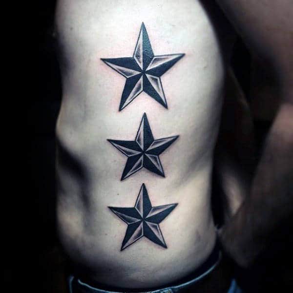 Mens Three Nautical Stars Tattooed On Rib Cage Side Of Body