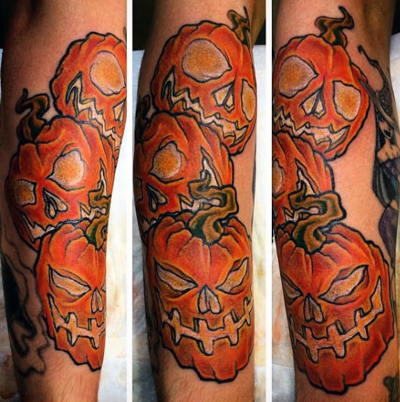 Mens Three Pumpkin Tattoo Design On Forearm