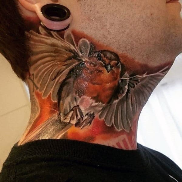 Throat tattoo featuring a highly detailed realistic bird in flight, with rich shading, vibrant colors, and dynamic movement