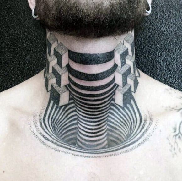 Throat tattoo featuring a mesmerizing black and gray optical illusion with geometric cubes and a swirling vortex for a striking 3D effect