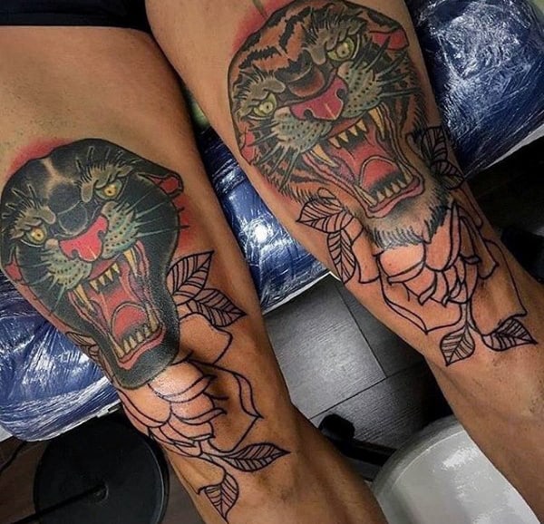 Mens Tiger And Black Panther Knee Tattoos