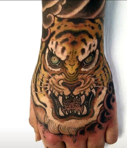 Men's Tiger Face Tattoo On Hands