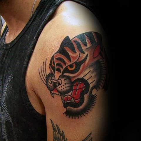 Mens Tiger Head Old School Retro Tattoo With Traditional Design On Arm