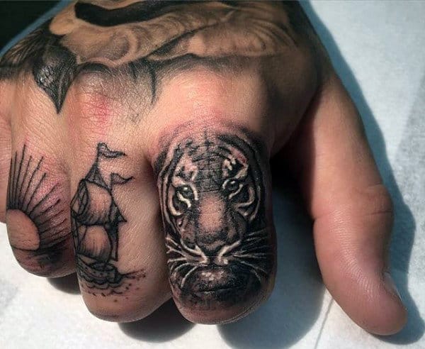 Men's Tiger Stripe Tattoo On Fingers