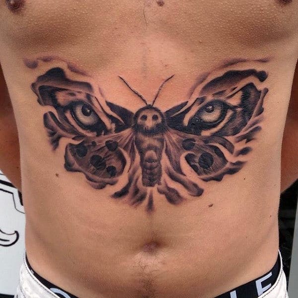 Mens Tigher Eyes Moth Stomach Tattoo