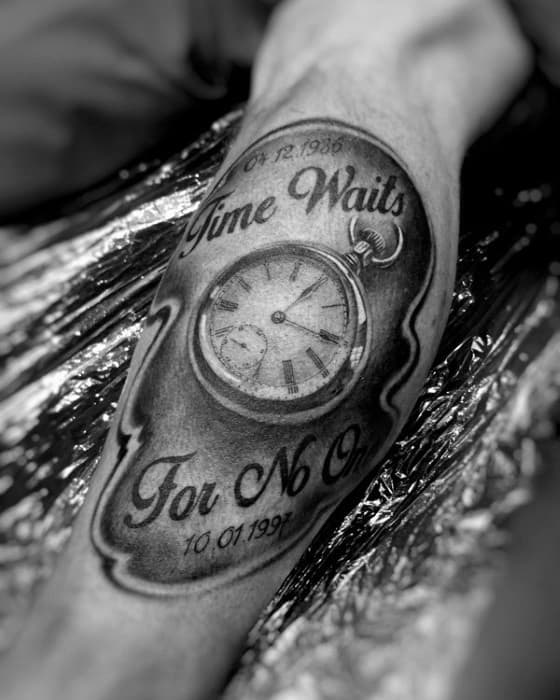 Realistic black and grey tattoo of a pocket watch with script reading Time Waits for No One and dates 05.12.1936 and 10.01.1997.