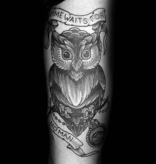 Black and grey tattoo of an owl holding a branch with banners reading Time Waits for No Man and a pocket watch below.