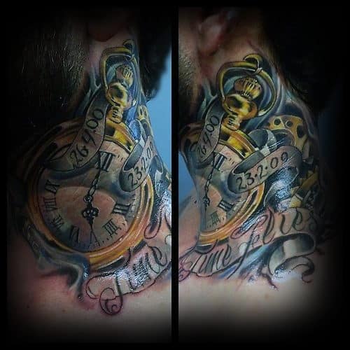 Throat tattoo featuring a detailed gold pocket watch with Roman numerals, flowing banners, and intricate shading for a timeless design
