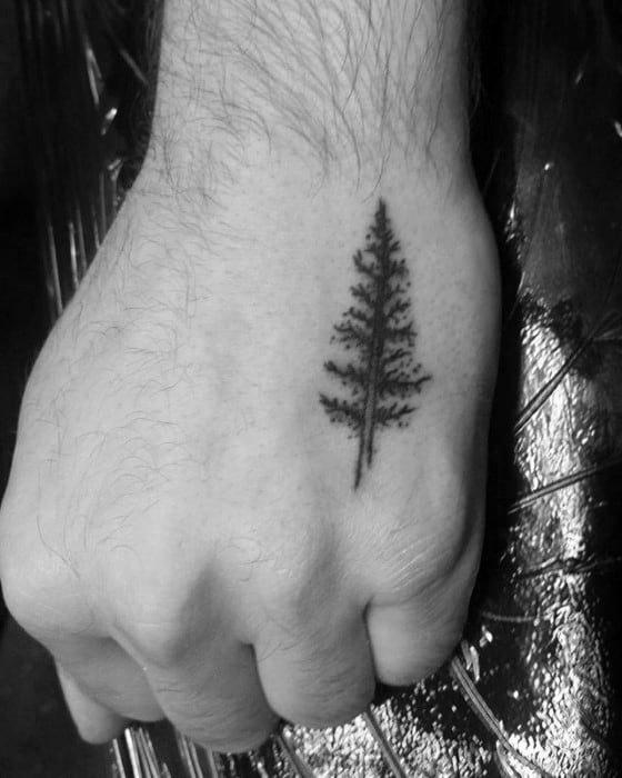 Mens Tiny Small Pine Tree Hand Tattoo
