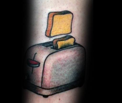 Classic toaster tattoo with a slice of toast popping up, featuring bold outlines and shading for a nostalgic yet playful design.