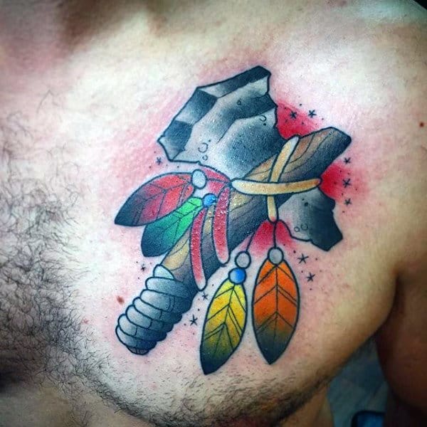 Mens Tomahawk Chicago Blackhawks Upper Chest Tattoo With Old School Design