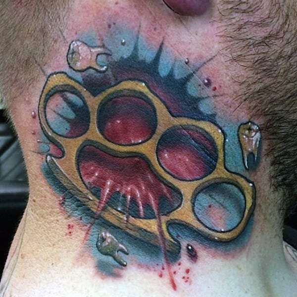 Mens Tooth Brass Knuckles 3d Neck Tattoo