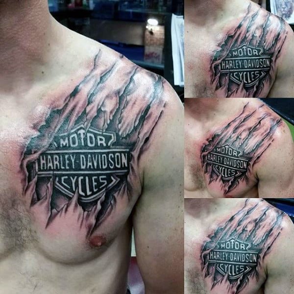 Mens Torn Ripped Skin Harley Davidson Logo Upper Chest Tattoos