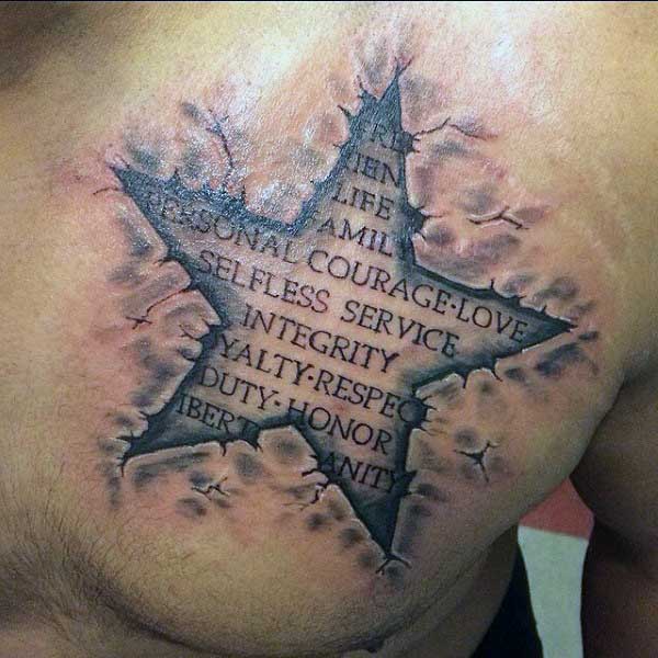 Mens Torn Ripped Skin Star Tattoo On Chest With Quote