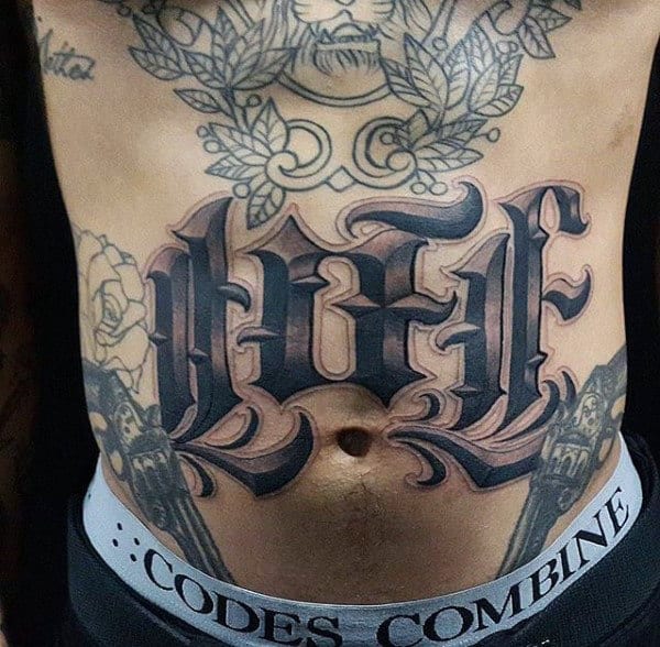 Mens Torso Black Lettering Tattoo
